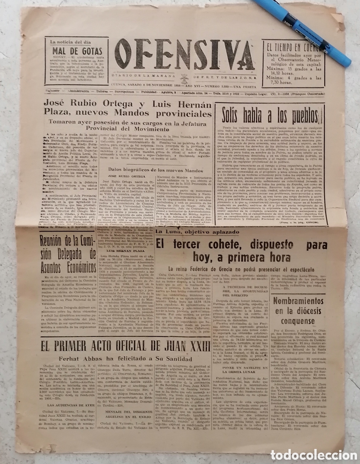 Coleccionismo de revistas y peri&oacute;dicos: CUENCA. OFENSIVA. ORGANO FET JONS. 8 NOVIEMBRE 1958