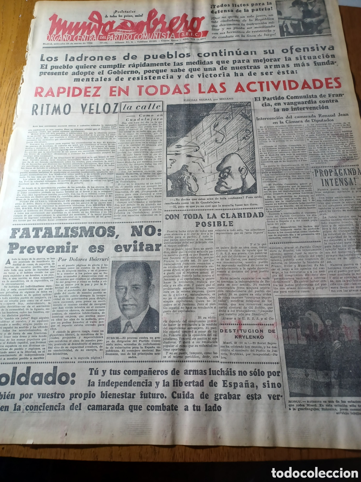 Collezionismo di Riviste e Giornali: MUNDO OBRERO 23 MARZO 1938. ISIDORO DIEGUEZ SECRETARIO COMITE . JOSE DIAZ SECRETARIO DEL PARTIDO