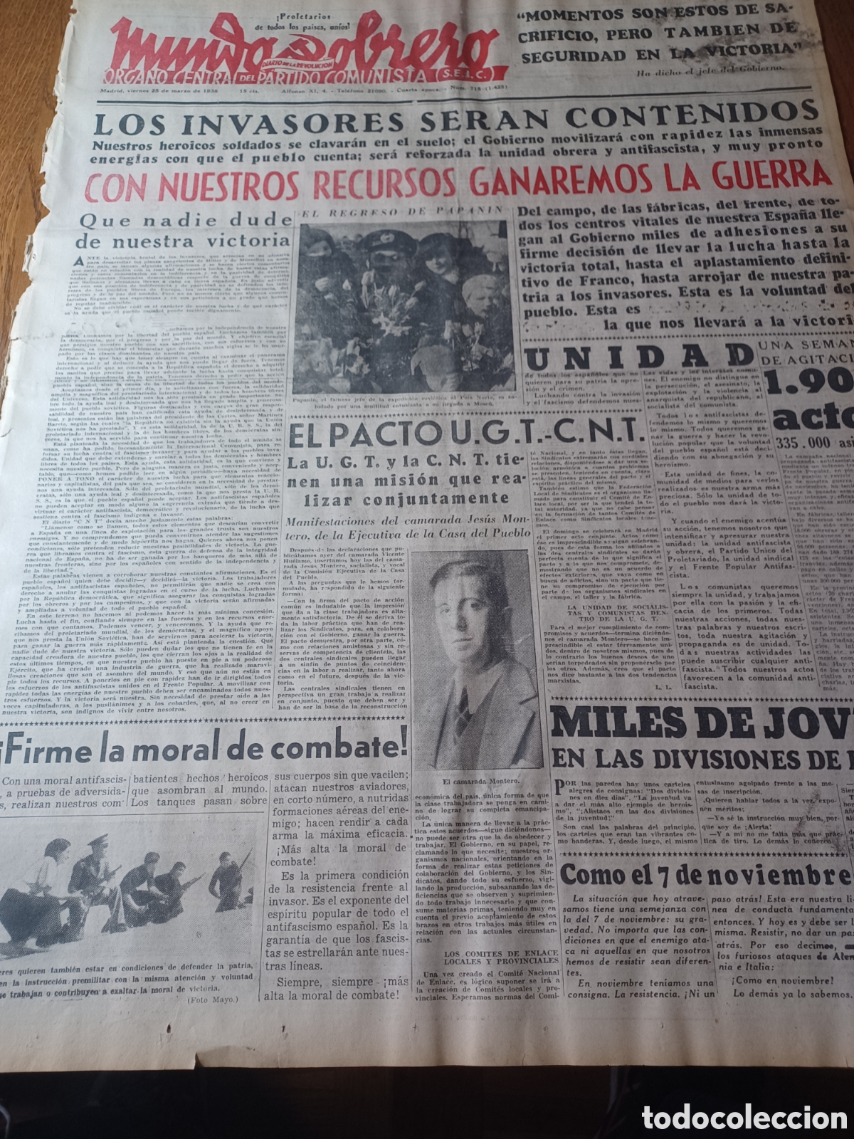 Colecionismo de Revistas e Jornais: MUNDO OBRERO 25 MARZO 1938. GIBRALTAR EN VISPERAS DE UN ATAQUE. EL CAMARADA MONTERO