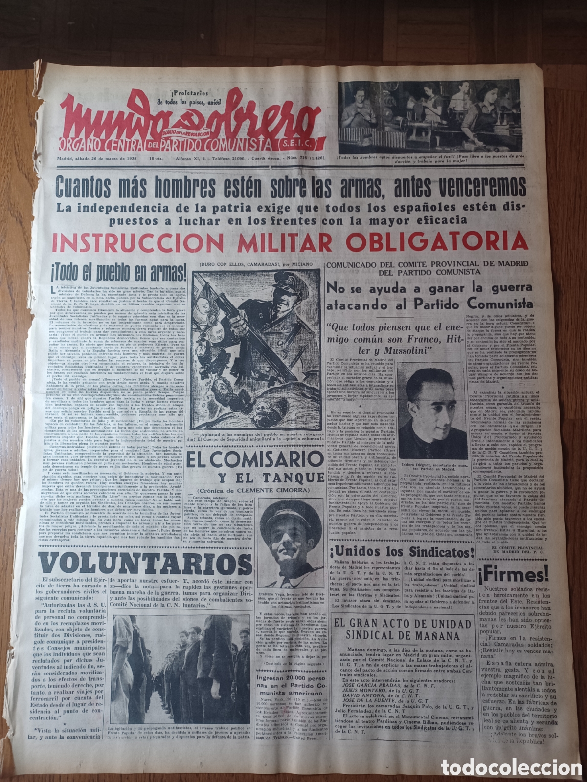Collezionismo di Riviste e Giornali: MUNDO OBRERO 26 MARZO 1938. INSTRUCCI&Oacute;N MILITAR OBLIGATORIA. UNA CASA DE 40 FAMILIAS CUATRO CAMINOS