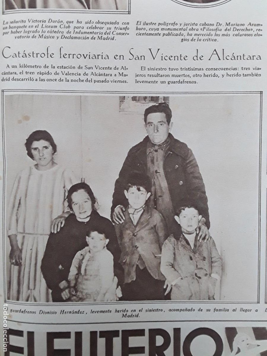 Collezionismo di Riviste e Giornali: CATASTROFE FERROVIARIA EN SAN VICENTE DE ALCANTARA GUARDAFRENOS CONDUCTOR HOJA A&Ntilde;O 1929