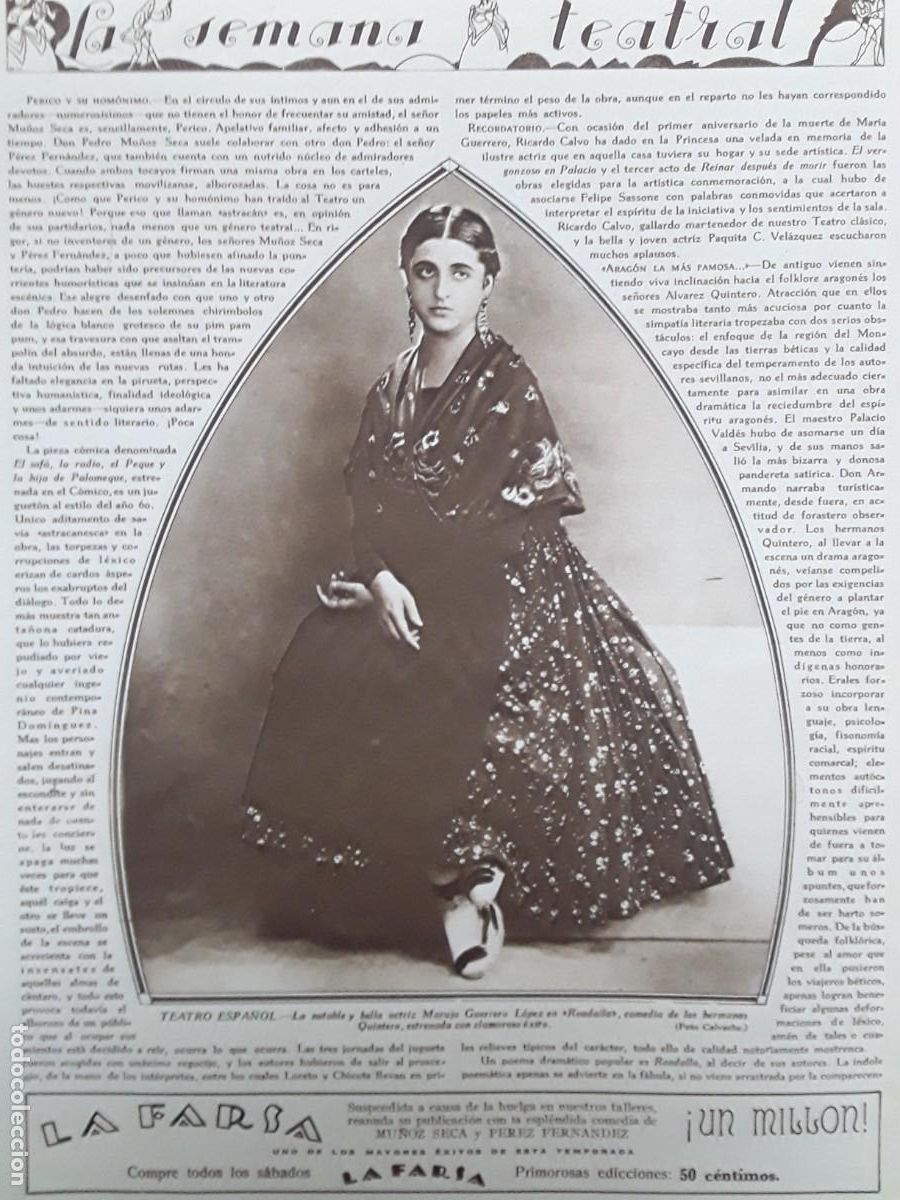 Colecionismo de Revistas e Jornais: TEATRO ESPA&Ntilde;OL ACTRIZ MARUJA GUERRERO LOPEZ EN LA COMEDIA RONDALLA HERMANOS QUINTERO HOJA A&Ntilde;O 1929