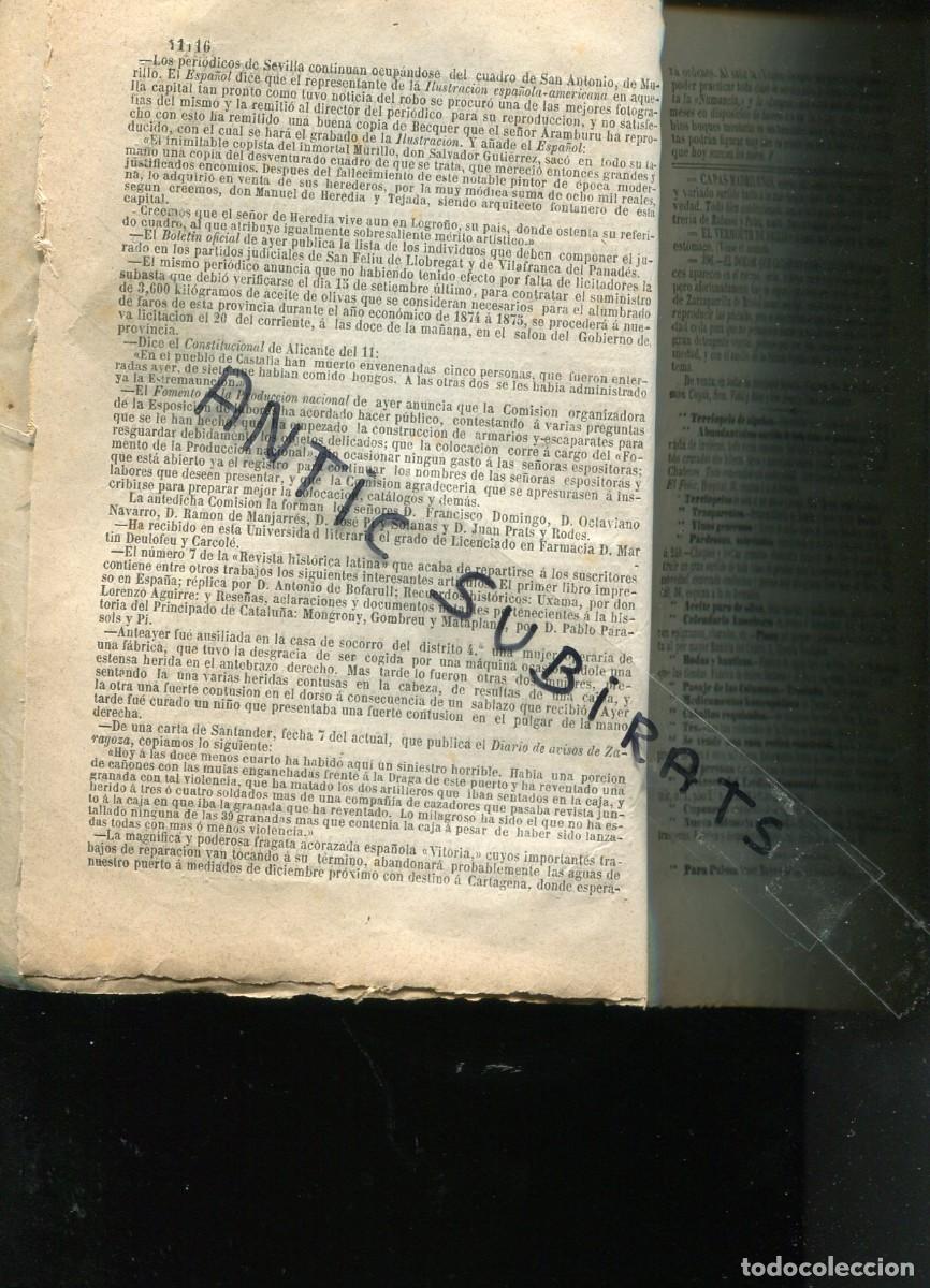 Coleccionismo de revistas y peri&oacute;dicos: DIARIO DE BARCELONA A&Ntilde;O 1874 MUERTOS POR SETAS EN CASTALLA PUEBLO DE SARRIA BARCELONA