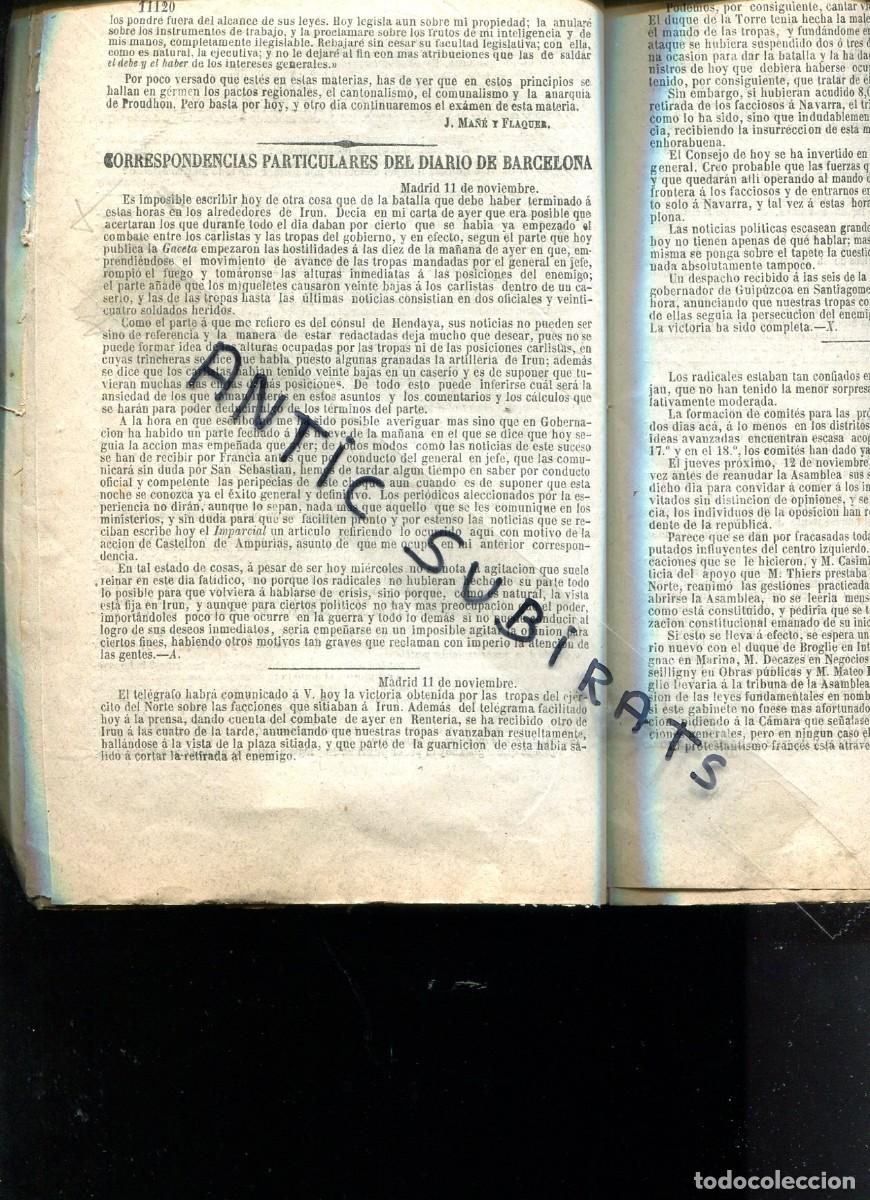 Collectionnisme de Revues et Journaux: DIARIO DE BARCELONA 1874 TERCERA GUERRA CARLISTA EN IRUN RENTERIA MORIONES OLITE ALCALA DE CHISBERT