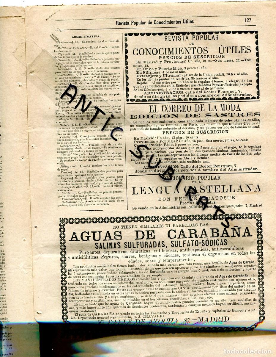 Coleccionismo de Revistas y Peri&oacute;dicos: REVISTA A&Ntilde;O 1885 ANUNCIO AGUAS DE CARABA&Ntilde;A SALINAS SULFURADAS