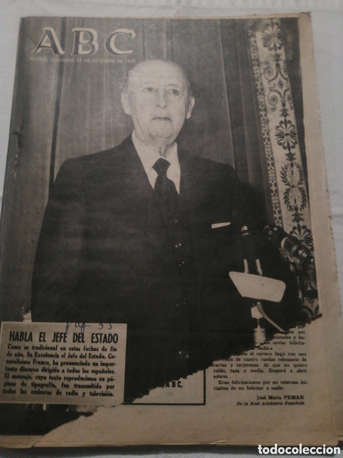 Coleccionismo de Revistas y Peri&oacute;dicos: PERIODICO ABC 1972,NOCHEVIEJA, FRANCO