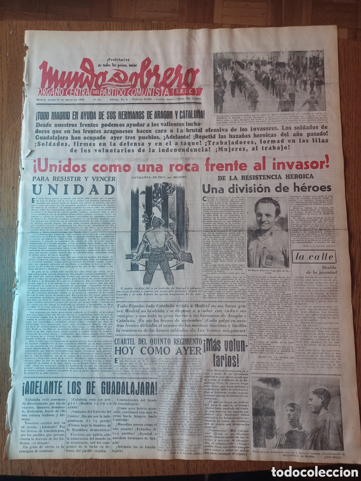 Collezionismo di Riviste e Giornali: MUNDO OBRERO 31 MARZO 1938. TODO MADRID EN AYUDA DE SUS HERMANOS DE ARAGON Y CATALU&Ntilde;A!
