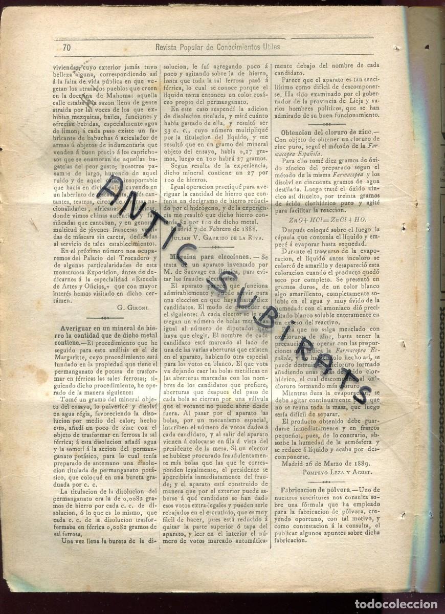Coleccionismo de revistas y peri&oacute;dicos: REVISTA A&Ntilde;O 1889 MAQUINA PARA ELECIONES CLORURO DE ZINC POMPEYO LEZA AGOST FABRICACION DE LA POLVORA