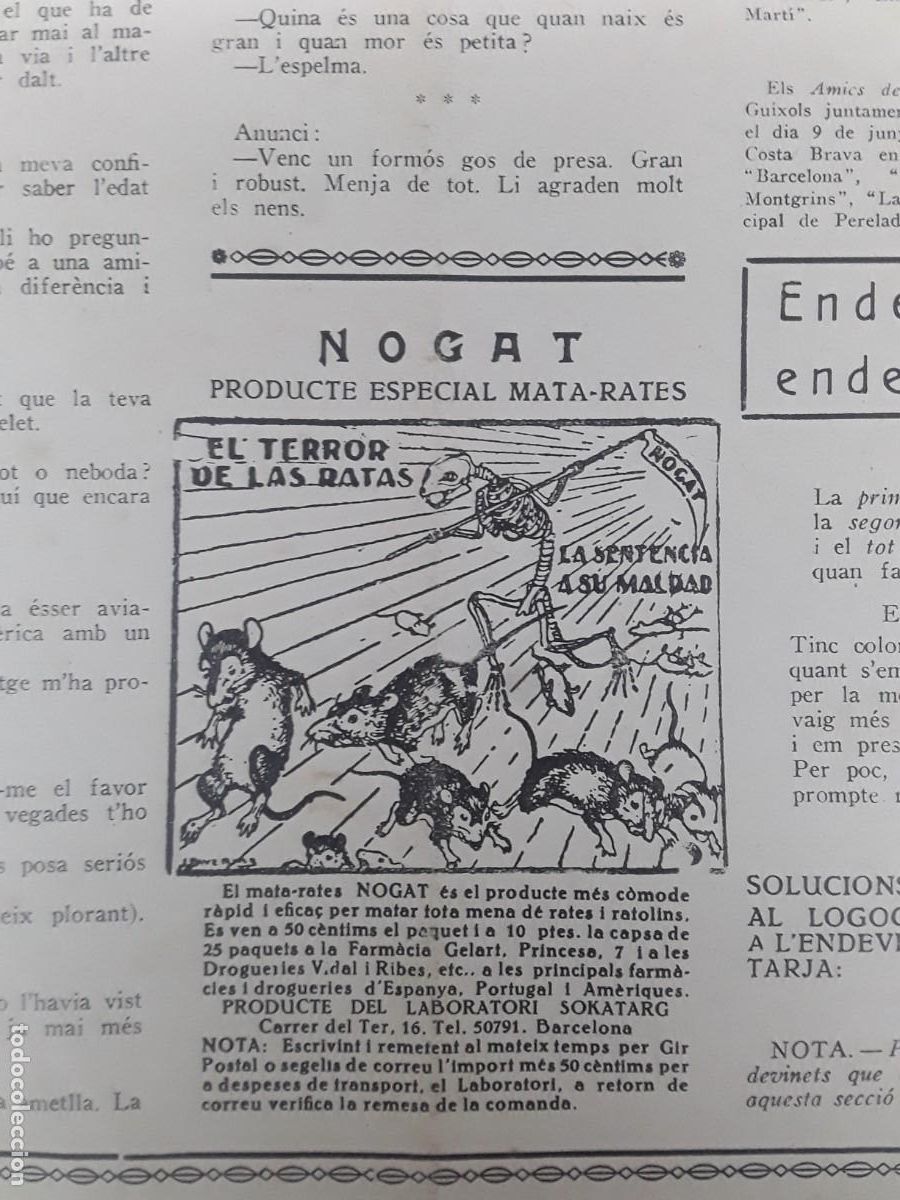 Collection Magazines and Newspapers: NOGAT PRODUCTE ESPECIAL MATA - RATES LABORATORI SOKATARG BARCELONA REVISTA ANY 1929