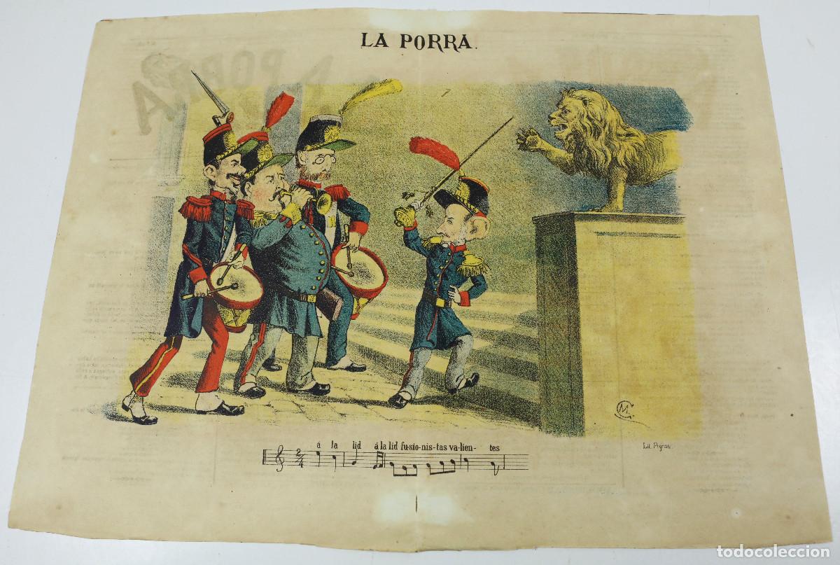 Collectionnisme de Revues et Journaux: LA PORRA - 30-6-1881. NUM.13 SEMANARIO SAT&Iacute;RICO ILUSTRADO. 32X44CM. ABIERTO.