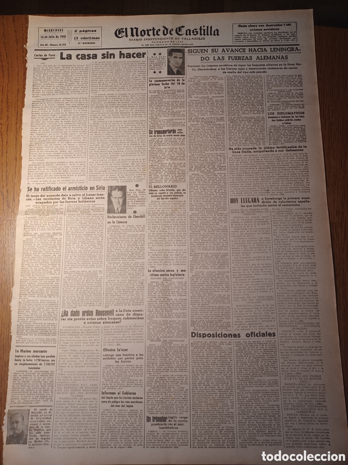 Colecionismo de Revistas e Jornais: NORTE DE CASTILLA 1941.MILLONARIO BILBAINO SE&Ntilde;OR ARTECHE DONA TODO SU FORTUNA A LOS POBRES