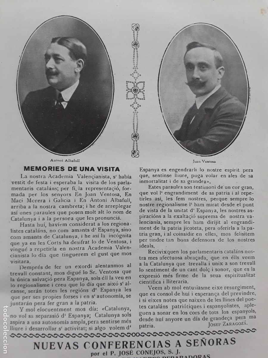 Collezionismo di Riviste e Giornali: REGIONALISTES CATALANS ACADEMIA VALENCIANISTA VISITA ANTONI ALBAFULL JUAN VENTOSA ANY 1917