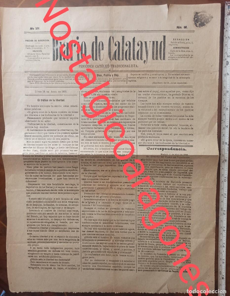 Colecionismo de Revistas e Jornais: Diario de Calatayud periodico cat&oacute;lico tradicionalista 18 abril 1892 hoja de portada
