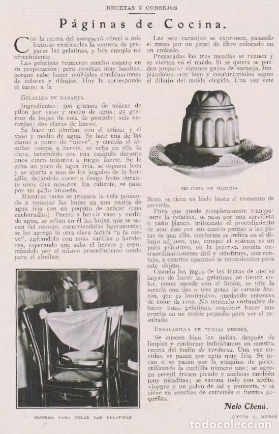 Coleccionismo de revistas y peri&oacute;dicos: * COCINA * Recetas de gelatina de naranja y ensaladilla de jud&iacute;as / Nelo Chan&uacute; -1929
