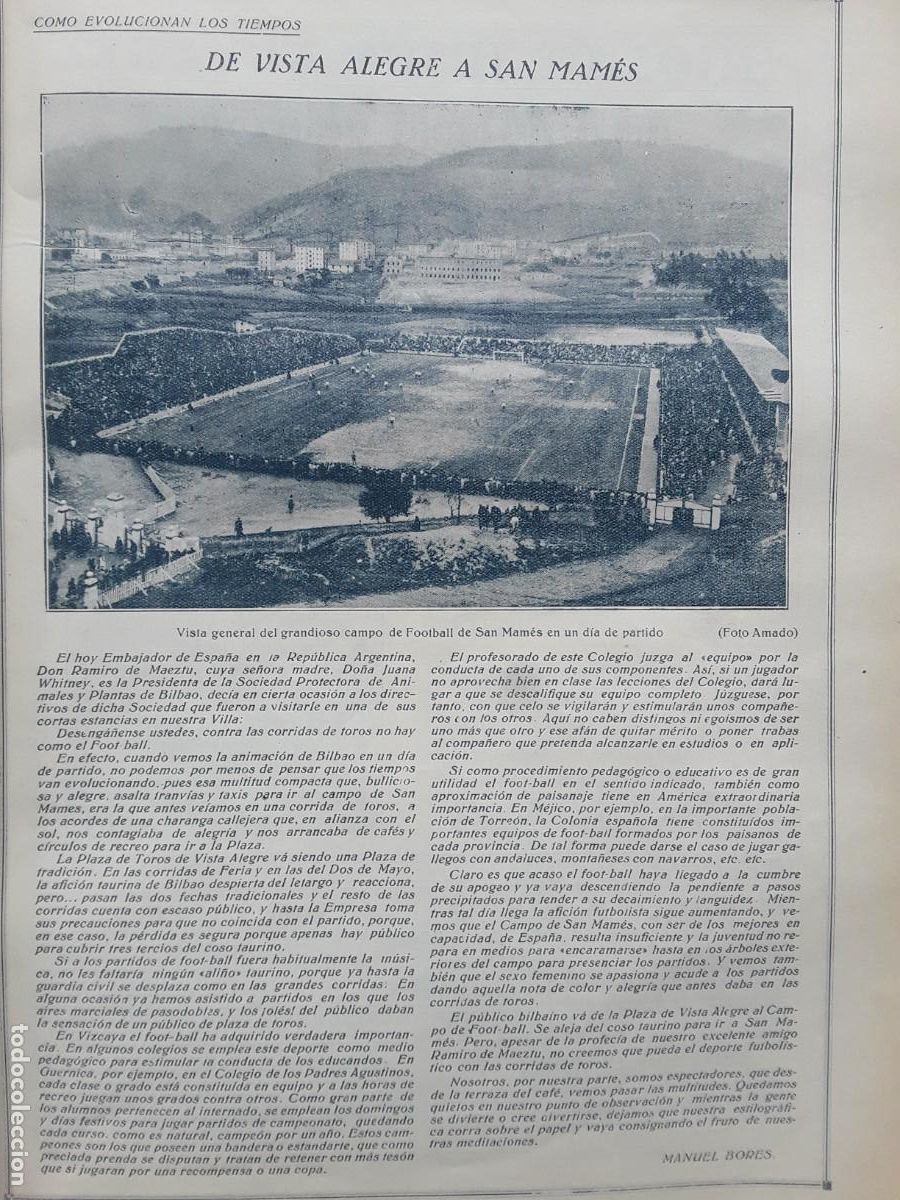 Collezionismo di Riviste e Giornali: VISTA GENERALDEL CAMPO DE FUTBOL DE SAN MAMES EN UN DIA DE PARTIDO BILBAO HOJA A&Ntilde;O 1928