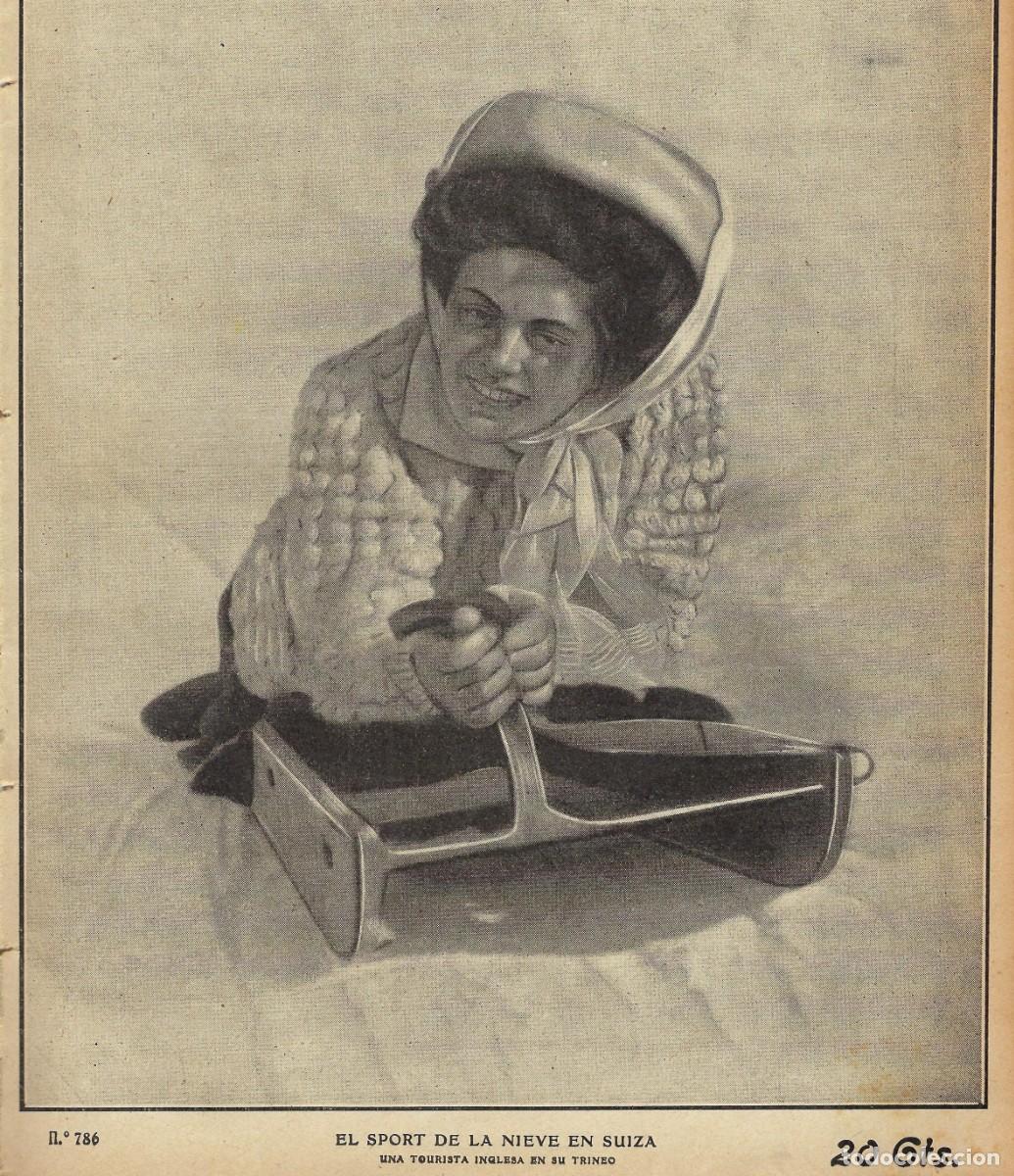 Colecionismo de Revistas e Jornais: 1909 HOJA REVISTA DEPORTES DE INVIERNO SUIZA NIEVE, MUJER EN TRINEO
