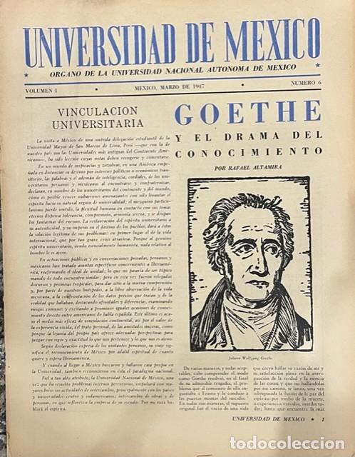 Coleccionismo de revistas y peri&oacute;dicos: REVISTA DE LA UNIVERSIDAD DE MEXICO, ORGANO NACIONAL AUTONOMA, MARZO 1947, N&ordm; 6 GOETHE
