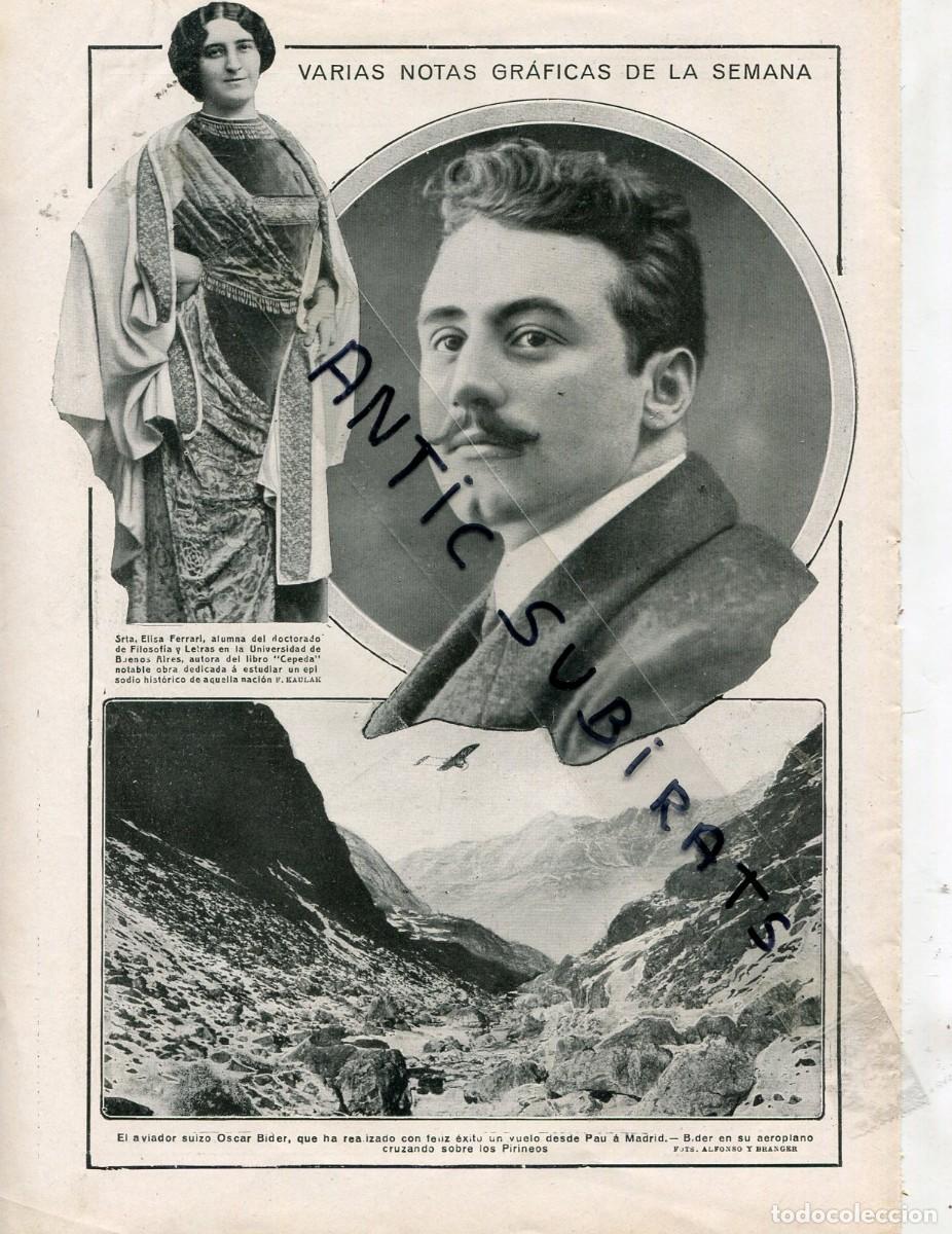 Coleccionismo de revistas y peri&oacute;dicos: RECORTE DE PRENSA A&Ntilde;O 1913 ELISA FERRARI CEPEDA BUENOS AIRES AVIADOR OSCAR BIDER VUELO PAU MADRID