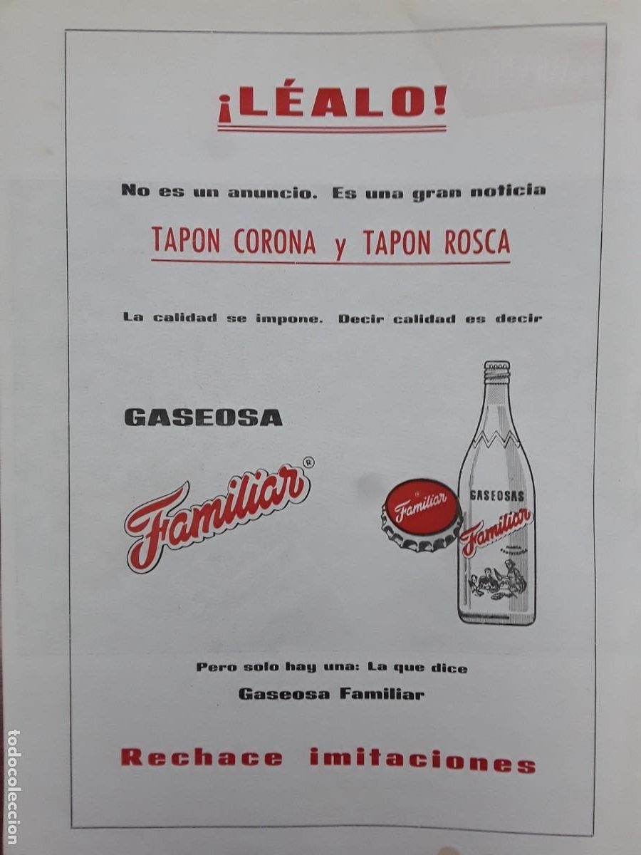 Coleccionismo de revistas y peri&oacute;dicos: GASEOSA FAMILIAR TAPON CORONA Y TAPON ROSCA MEDIDAS 23 X 31 CM HOJA A&Ntilde;O 1965