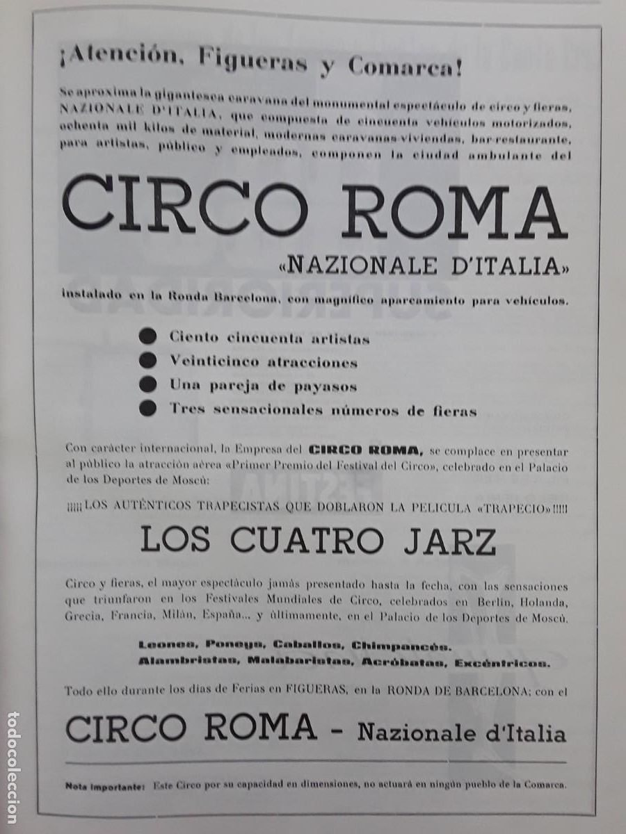 Sammeln von Zeitschriften und Zeitungen: CIRCO ROMA NAZIONALE D'ITALIA FIGUERAS Y COMARCA MEDIDAS 23 X 31 CM HOJA A&Ntilde;O 1965