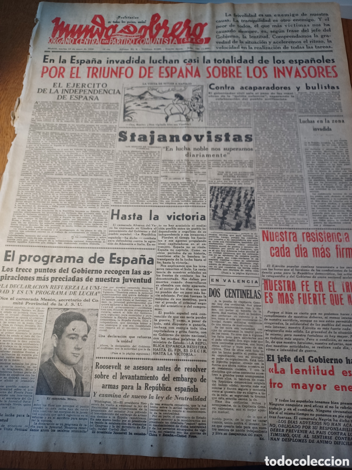 Coleccionismo de Revistas y Peri&oacute;dicos: MUNDO OBRERO 10 MAYO 1938.POR EL TRIUNFO DE ESPA&Ntilde;A SOBRE LOS INVASORES. CAMARADA MESON. STAJNOVISTAS