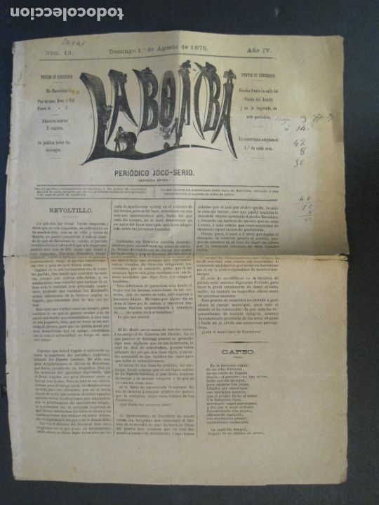 Collection Magazines and Newspapers: LA BOMBA-NUMERO 13-1 DE AGOSTO DE 1875-PERIODICO ANTIGUO-VER FOTOS-(V-24.208)