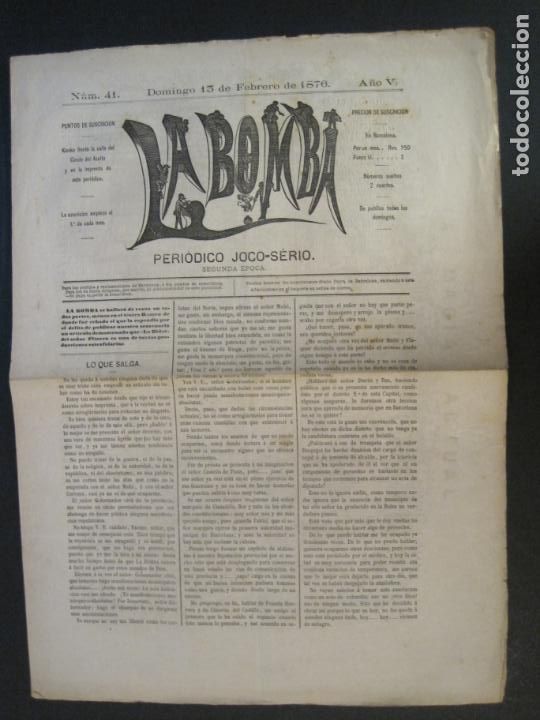 Collection Magazines and Newspapers: LA BOMBA-NUMERO 41-13 DE FEBRERO DE 1876-PERIODICO ANTIGUO-VER FOTOS-(V-24.209)