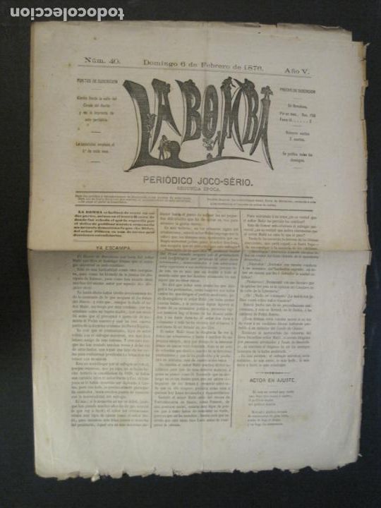 Collection Magazines and Newspapers: LA BOMBA-NUMERO 40-6 DE FEBRERODE 1876-PERIODICO ANTIGUO-VER FOTOS-(V-24.214)