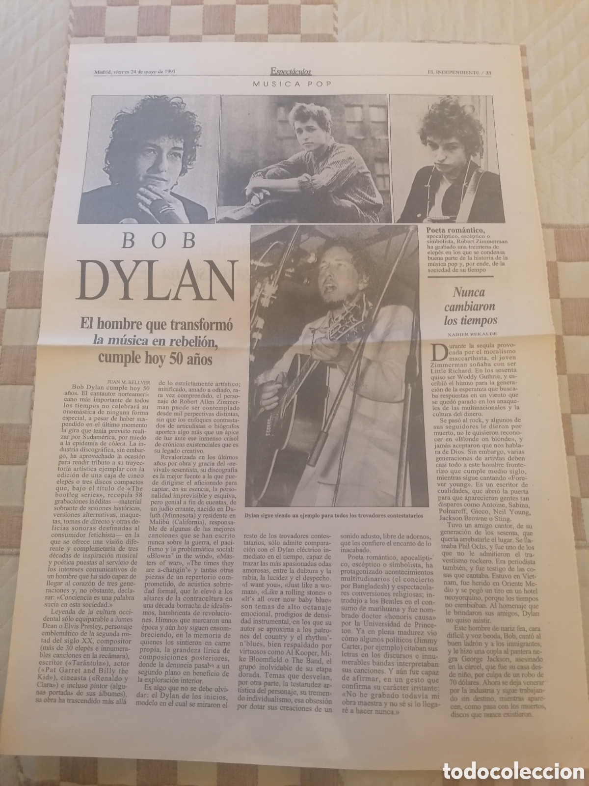 Coleccionismo de Revistas y Peri&oacute;dicos: P&aacute;gina Peri&oacute;dico Madrid El Independiente Bob Dylan Cumple 50 A&ntilde;os. Mayo 1991. Raro.