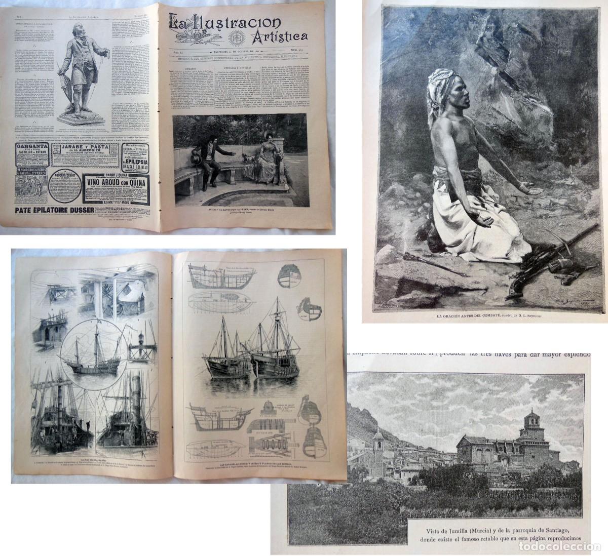 Collezionismo di Riviste e Giornali: LA ILUSTRACI&Oacute;N ART&Iacute;STICA N&uacute;m 563, 10 octubre 1892. Vista de Jumilla, Las carabelas