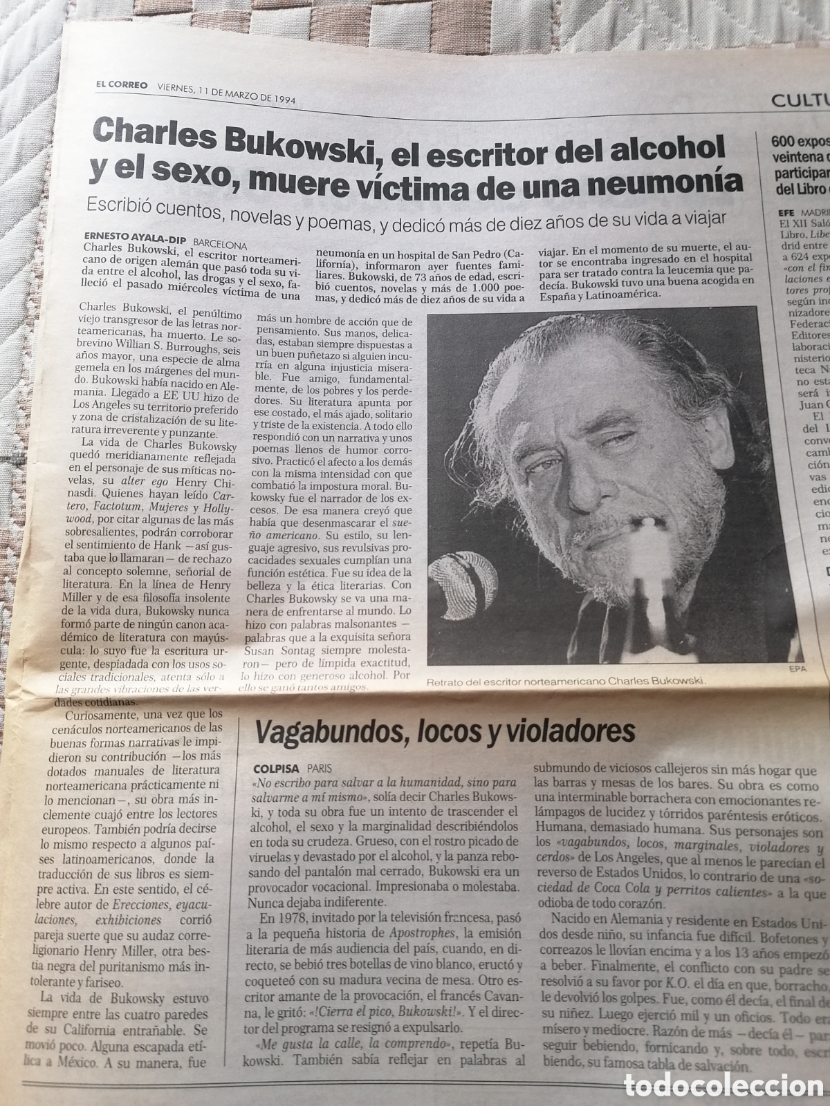 Collezionismo di Riviste e Giornali: Peri&oacute;dico Bilbao Espa&ntilde;a El Correo P&aacute;gina Dedicada Fallecimiento Bukowski. 11 Marzo 1994. Original.