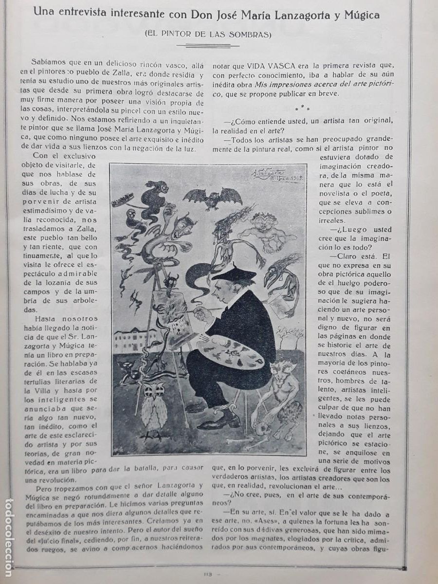 Collezionismo di Riviste e Giornali: ENTREVISTA CON DON JOSE MARIA LANZAGORTA Y MUGICA -EL PINTOR DE LAS SOMBRAS -2 HOJAS A&Ntilde;O 1928