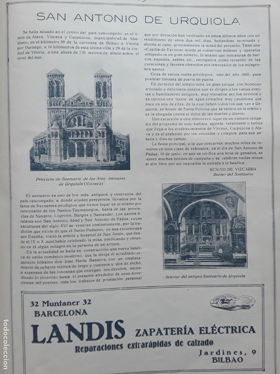 Collection Magazines and Newspapers: SAN ANTONIO DE URQUIOLA ABADIANO BENITO VIZCARRA RECTOR SANTUARIO HOJA A&Ntilde;O 1928