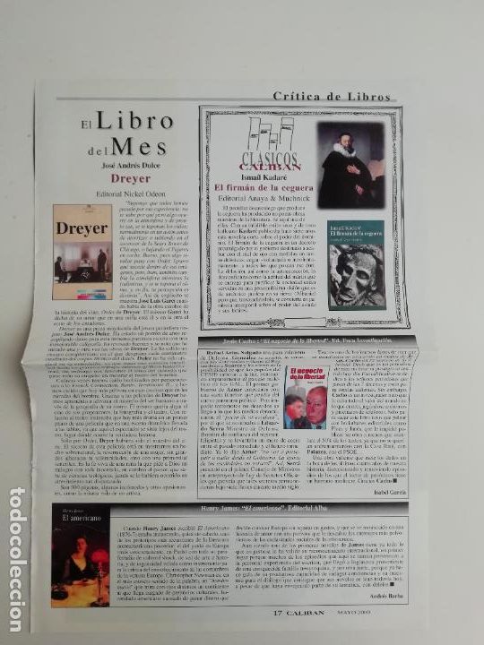 Coleccionismo de Revistas y Peri&oacute;dicos: Recorte rese&ntilde;a Isma&iacute;l Kadar&eacute; Jes&uacute;s Cacho Henry James Jos&eacute; Andr&eacute;s Dulce Calib&aacute;n 2000 Literatura