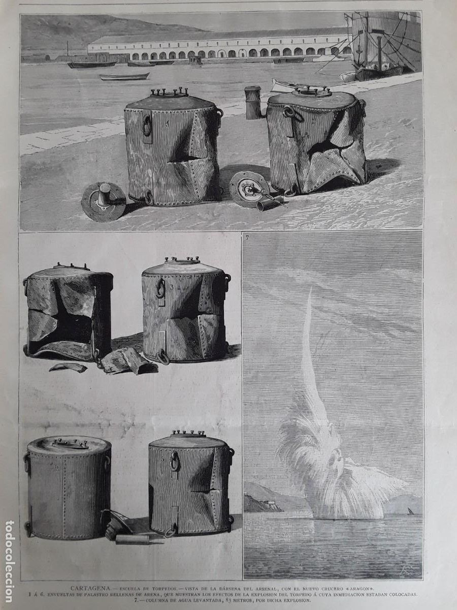 Coleccionismo de revistas y peri&oacute;dicos: CARTAGENA DARSENA DEL ARSENAL CON EL CRUCERO ARAGON ESCUELA DE TORPEDOS REVISTA A&Ntilde;O 1881