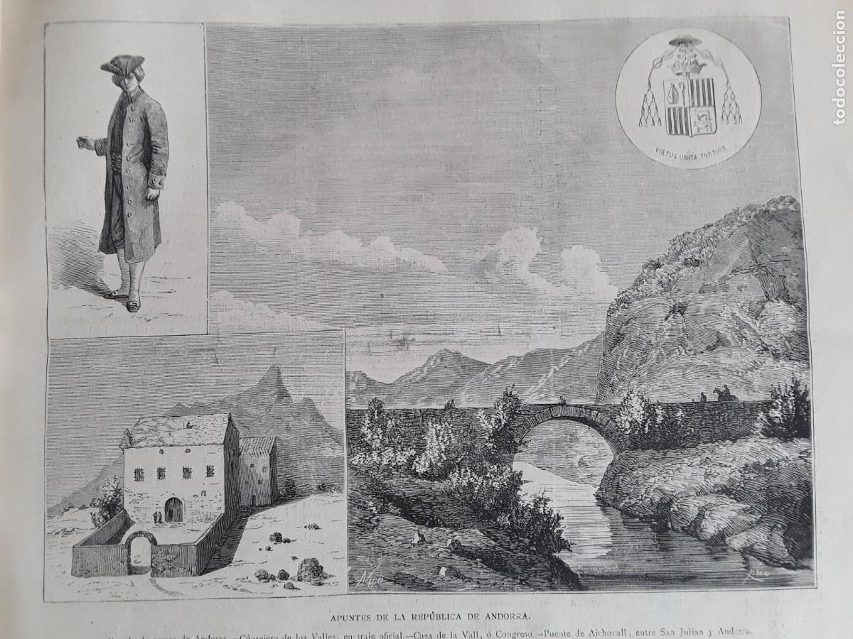Coleccionismo de revistas y peri&oacute;dicos: ANDORRA ESCUDO ARMAS CONSEJERO VALLES TRAJE OFICIAL CASA VALL PUENTE DE AICHOVALL REVISTA A&Ntilde;O 1881
