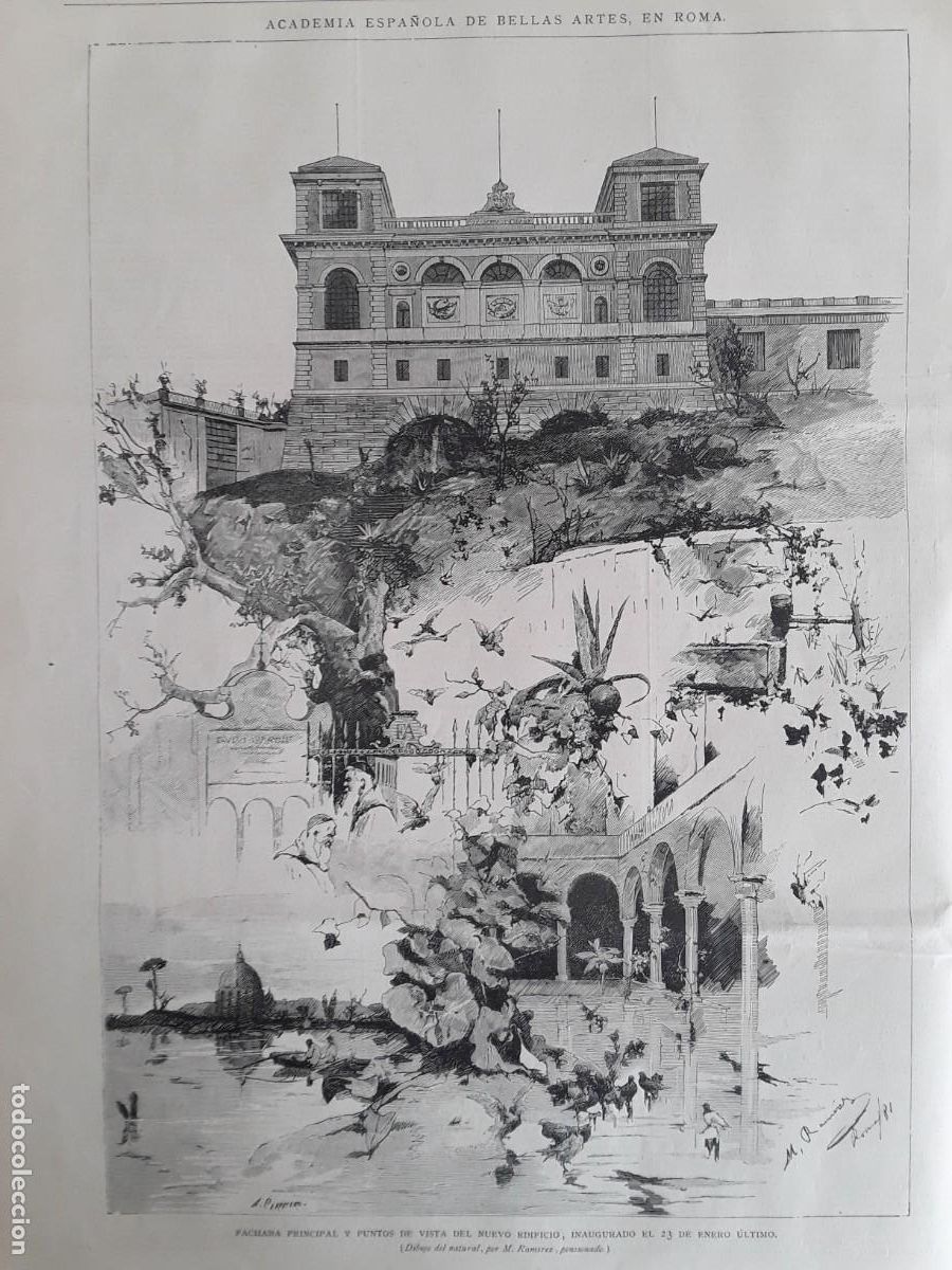 Coleccionismo de revistas y peri&oacute;dicos: INAGURACION ACADEMIA ESPA&Ntilde;OLA BELLAS ARTES ROMA ORIHUELA OBISPO ARROJANDO AL SEGURA RAMO VIRGEN 1881