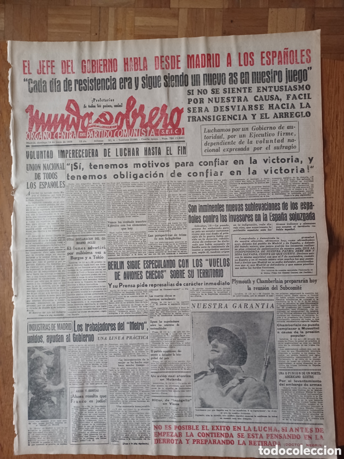 Sammeln von Zeitschriften und Zeitungen: MUNDO OBRERO 19 JUNIO 1938. EL JEFE DEL GOBIERNO, DOCTOR NEGRIN, HABLA DESDE MADRID A LOS ESPA&Ntilde;OLES