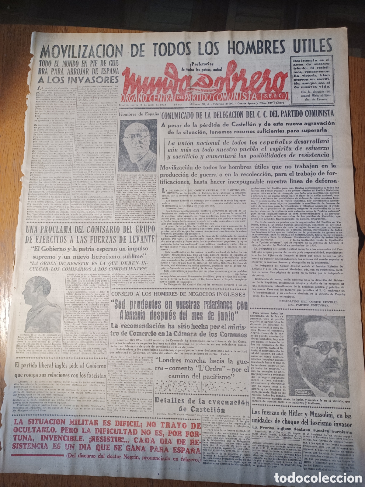 Collezionismo di Riviste e Giornali: MUNDO OBRERO 16 JUNIO 1938.MOVILIZACI&Oacute;N DE TODOS LOS HOMBRES UTILES.PROCLAMA DEL COMISARIO HERN&Aacute;NDEZ