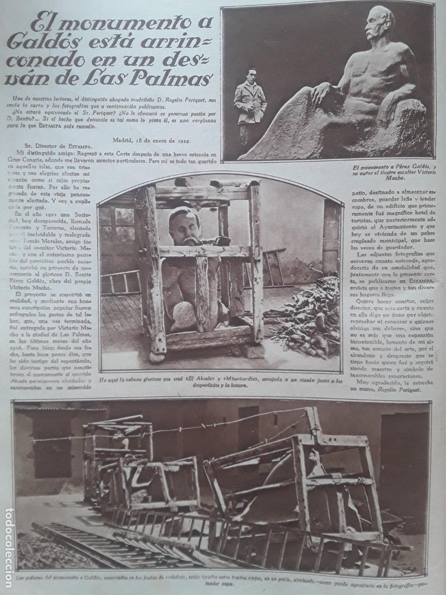 Coleccionismo de Revistas y Peri&oacute;dicos: MONUMENTO A PEREZ GALDOS ARRINCONADO EN UN DESVAN DE LAS PALMAS GRAN CANARIA HOJA A&Ntilde;O 1929