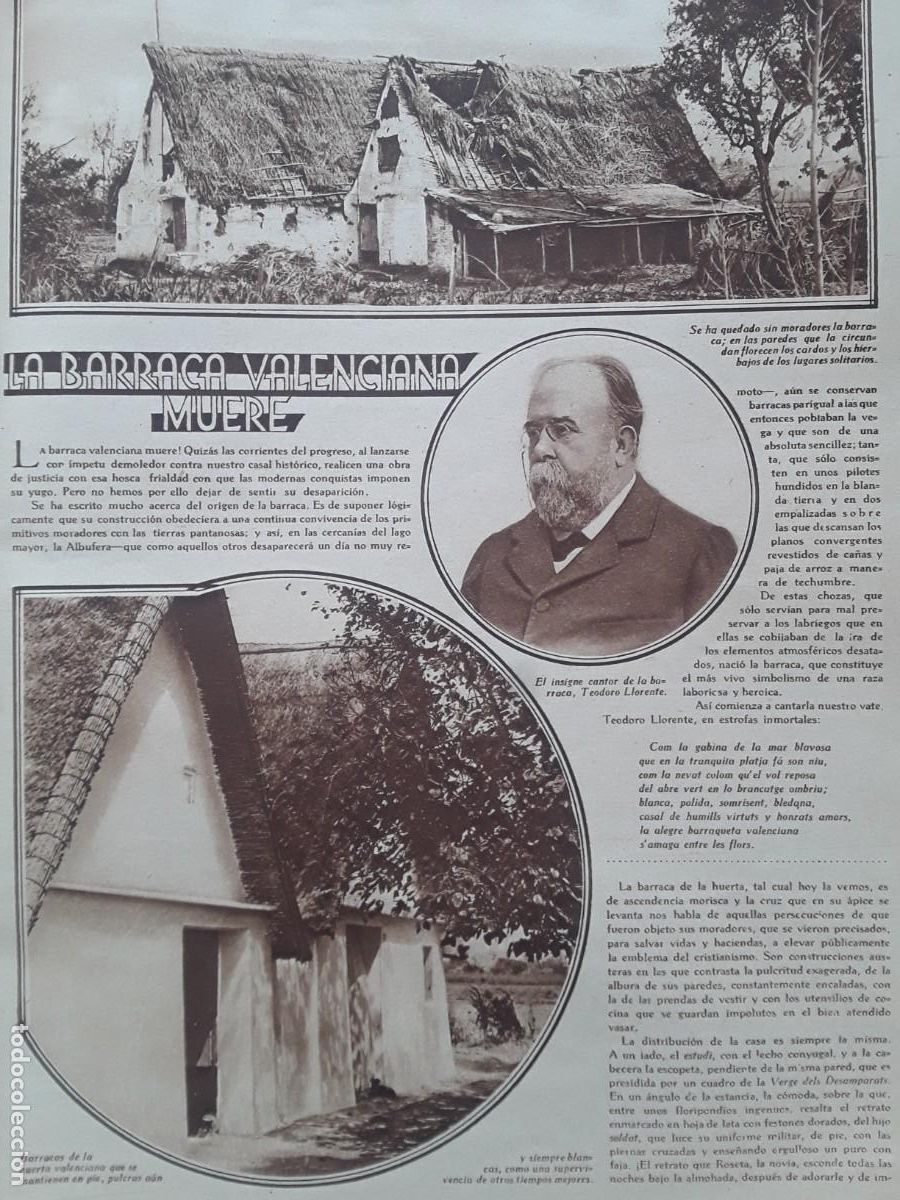 Collection Magazines and Newspapers: LA BARRACA VALENCIANA MUERE TEODORO LLORENTE CANTOR BARRACA 2 HOJAS A&Ntilde;O 1929