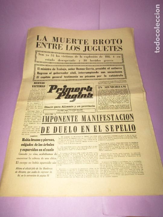 Coleccionismo de Revistas y Peri&oacute;dicos: Antiguo Peri&oacute;dico PRIMERA P&Aacute;GINA con LA EXPLOSI&Oacute;N de la Fabrica de Juguetes MIRAF&Eacute; en IBI - A&ntilde;o 1968