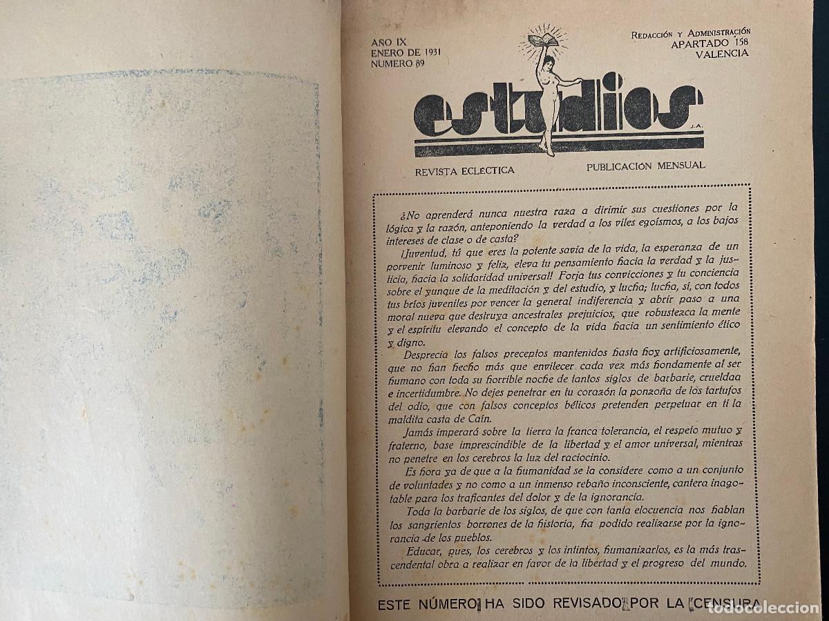 Collection Magazines and Newspapers: revista anarquista ESTUDIOS, n&uacute;mero raro de ver. enero de 1931 FALTA LA PORTADA. VALENCIA REP&Uacute;BLICA