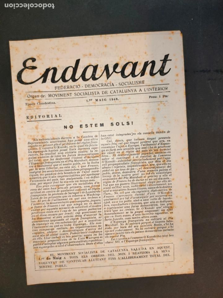 Coleccionismo de Revistas y Peri&oacute;dicos: ENDAVANT-FEDREACIO DEMOCRACIO SOCIALISME-1 MAIG 1948-VER FOTOS-(K-10.273)