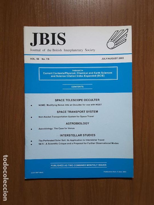Coleccionismo de revistas y peri&oacute;dicos: Journal of the British Interplanetary Society Vol. 56, No. 7/8