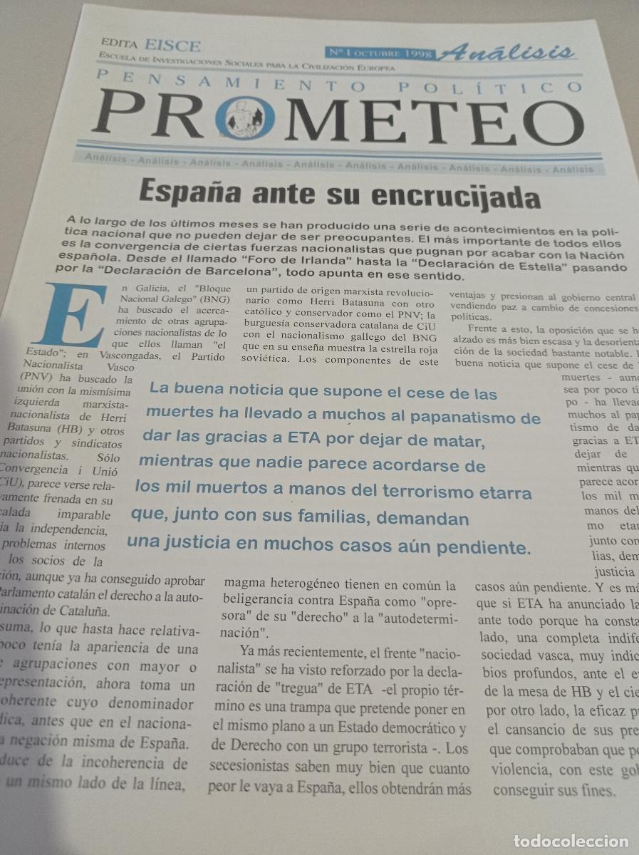 Collectionnisme de Revues et Journaux: REVISTA PENSAMIENTO POLITICO PROMETEO N&ordm; 1 OCTUBRE 1998. ( 4 PAGS. Y CARTA DIRECTOR REF. UR EST