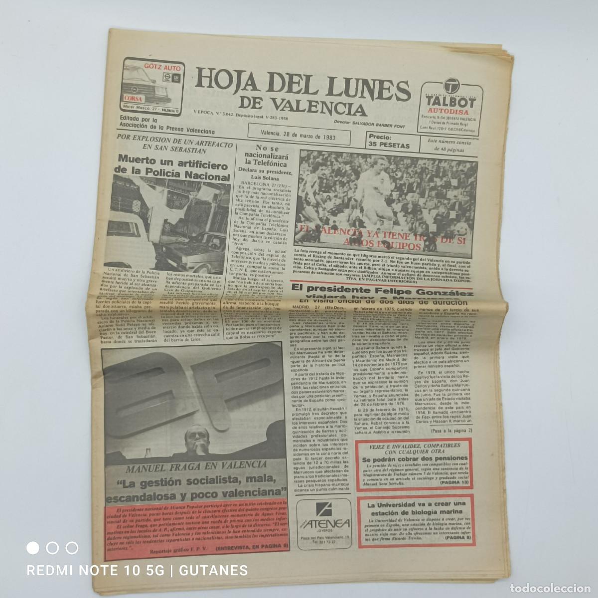 Collection Magazines and Newspapers: HOJA DEL LUNES DE VALENCIA- 28 DE MARZO DE 1983