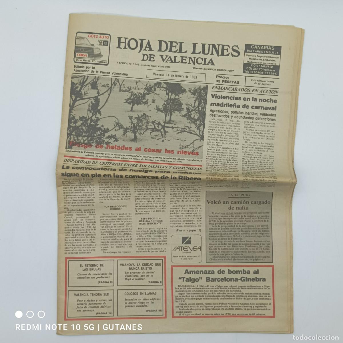 Collection Magazines and Newspapers: HOJA DEL LUNES DE VALENCIA- 14 DE FEBRERO DE 1983