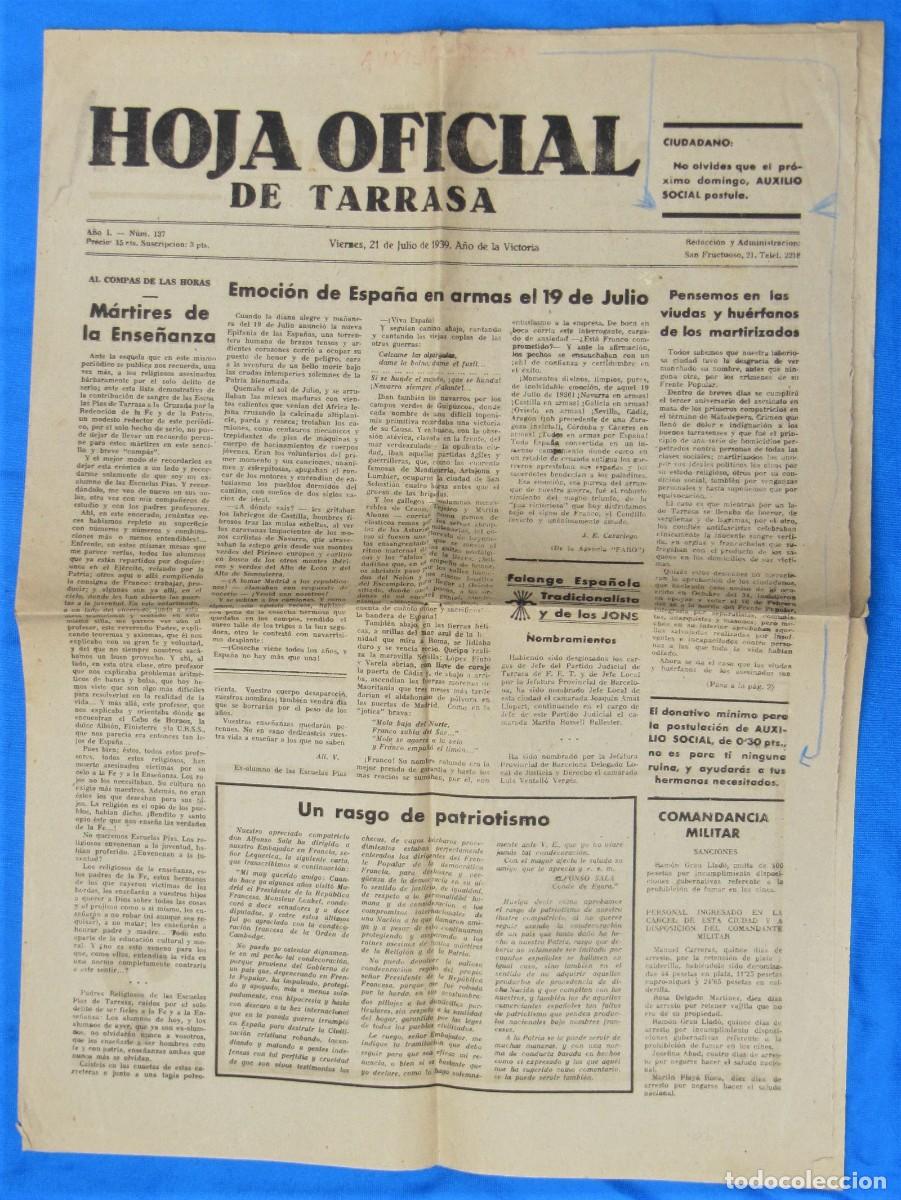Coleccionismo de Revistas y Peri&oacute;dicos: HOJA OFICIAL DE TARRASA. A&Ntilde;O I. N&Uacute;MERO 137. 21 DE JULIO DE 1939.