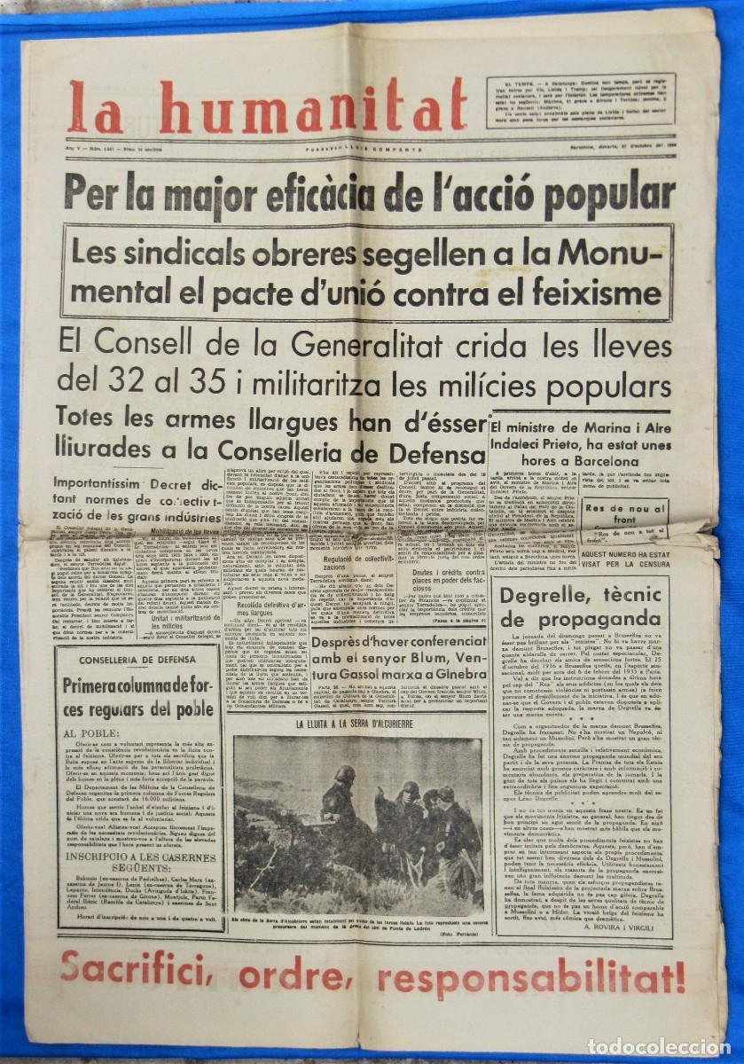 Sammeln von Zeitschriften und Zeitungen: LA HUMANITAT. BARCELONA, OCTUBRE DE 1936. ORGANO OFICIAL DE ESQUERRA REPUBLICANA. LLUIS COMPANYS.